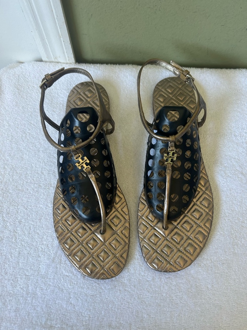 Tory Burch Marion T-Strap Metallic Gold Stitch Sole Sandals